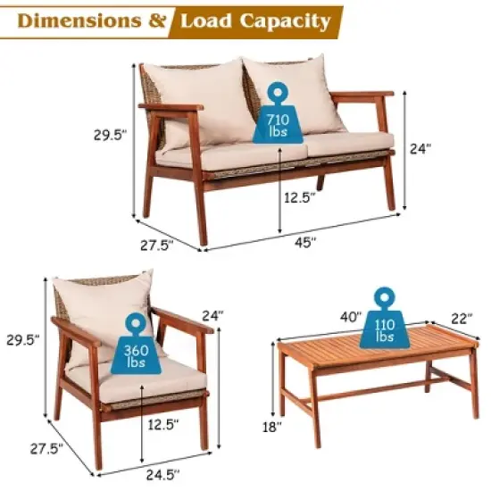 Costway 4PCS Patio Rattan Furniture Set Acacia Wood Frame Cushioned Sofa Chair Garden image {2}