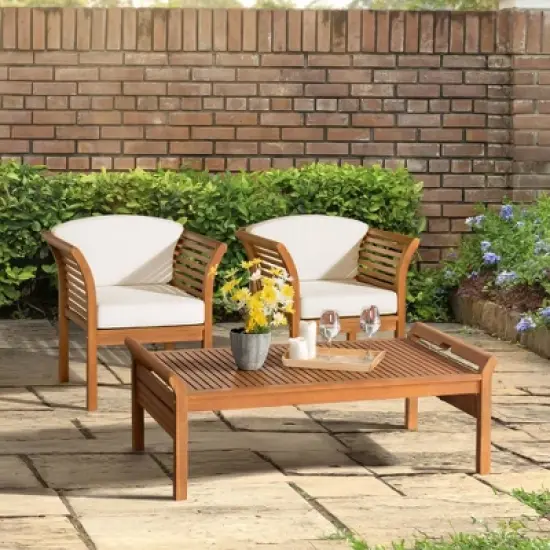 Stamford 3pc Eucalyptus Wood Outdoor Conversation Set with Chairs & Table - Natural - Alaterre Furniture image {1}