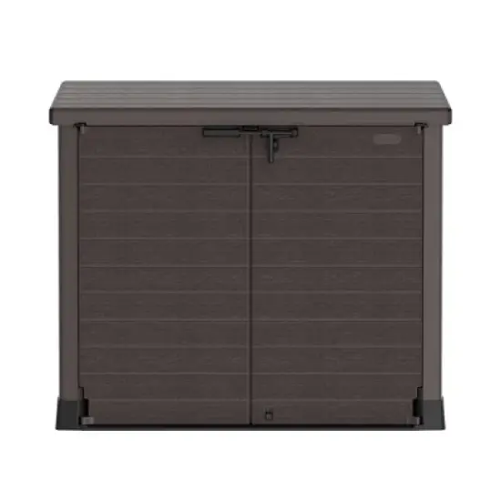 Duramax CedarGrain StoreAway 1200L Capacity Outdoor Deck and Garden Storage Box w/ Panel Doors & Flat Lid for Patios, Pool Areas, & Driveways, Brown image {1}