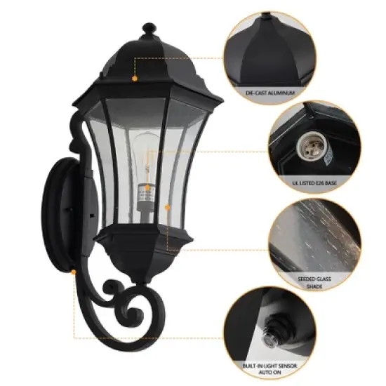 DOMETOUR 27'' Outdoor Wall Lantern, Dusk to Dawn Sensor, Waterproof Light with Clear Glass, Vintage Sconce for Porch, Patio, Entry (No Bulb) image {2}