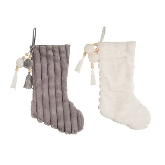 Transpac Cozy Fabric Textured Christmas Stocking Set of 2 with Pom Poms Holiday Home Decorations image {1}