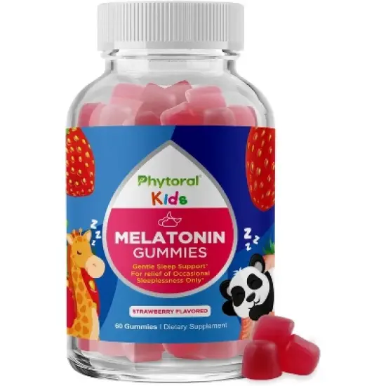 Melatonin Gummies for Kids, Deep Sleep Supplement Gummies & Mood Support for Kids, Strawberry Flavor, Phytoral, 60ct image {8}