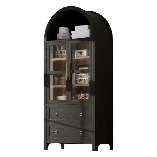 Rbied 71" Tall Arched Kitchen Pantry Cabinet Sideboard with 2 Drawer & Adjustable Shelves & Glass Door image {16}
