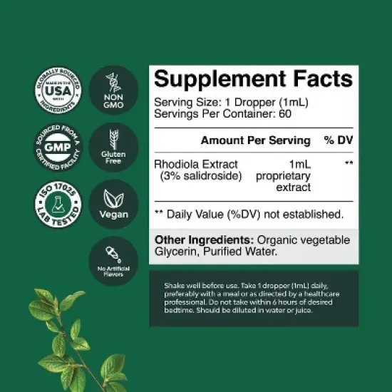 Rhodiola Rosea Tincture, Liquid Rhodiola Supplement for Stress Energy and Mood Support with 3% Salidrosides Rosea Extract, Nature's Craft, 60 servings image {2}