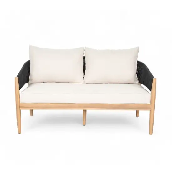 Christopher Knight Home Stuart Modern Patio Acacia Wood Woven Rope Loveseat with Cushion image {4}