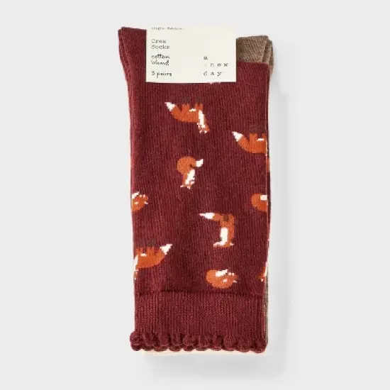 Women's Foxes Scallop Cuff 3pk Crew Socks - A New Day&trade; Burgundy/Brown Heather/Ivory 4-10 image {1}