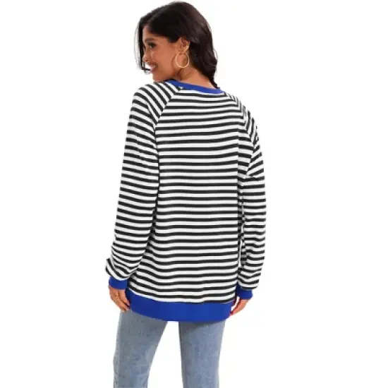ATHLECHIC Women's Split Hem Striped Color Block Crew Neck Casual Loose Oversized Sweatshirt Shirt Tops image {3}