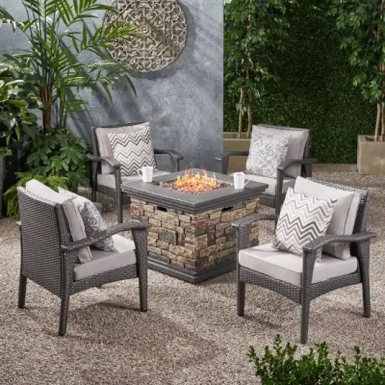 Kaula 5pc Faux Rattan Club Chair & Fire Pit Chat Set - Christopher Knight Home image {6}