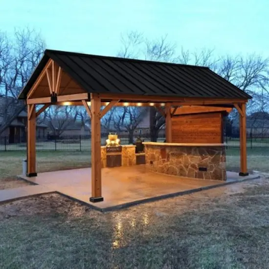 Outsunny 11x13 Hardtop Gazebo with Wooden Frame, Permanent Metal Roof Gazebo Canopy with Ceiling Hook for Garden, Patio, Backyard image {2}