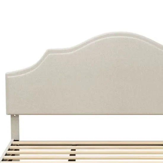 Queen/King Size Upholstered Platform Bed Frame with Adjustable Headboard, Linen Fabric Padded, No Box Spring Needed, Beige-ModernLuxe image {10}