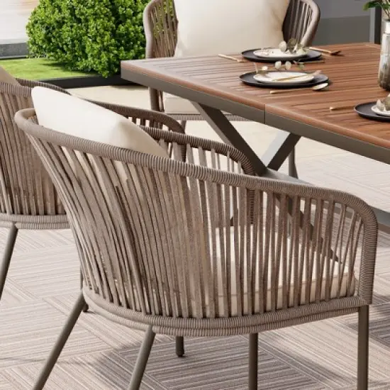 FIONECA 7-Piece Patio Dining Set with Acacia Wood Tabletop & Metal Frame, Outdoor Furniture with Cushioned Chairs for Garden, Backyard, Balcony, Beige image {6}