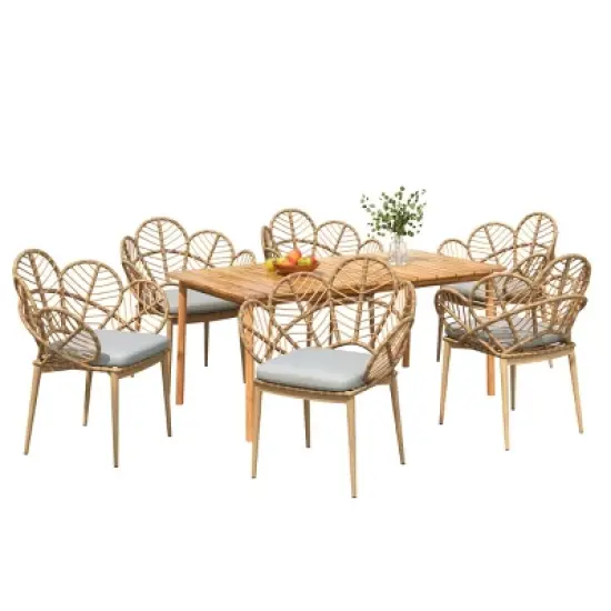 7-Piece Outdoor Patio Wicker Dining Set with Beige Cushions,  Brown 6 Chair and Acacia Wood Table Garden Set-Maison Boucle image {1}
