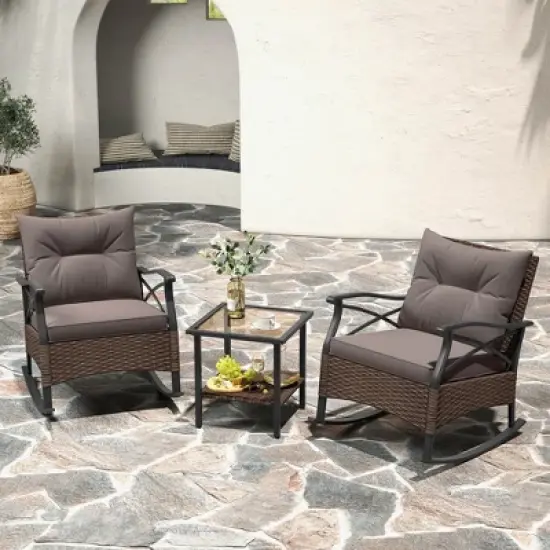 Costway 3 PCS Patio Rocker Set with 2-Tier Coffee Table & Soft Seat Back Cushions Outdoor image {4}