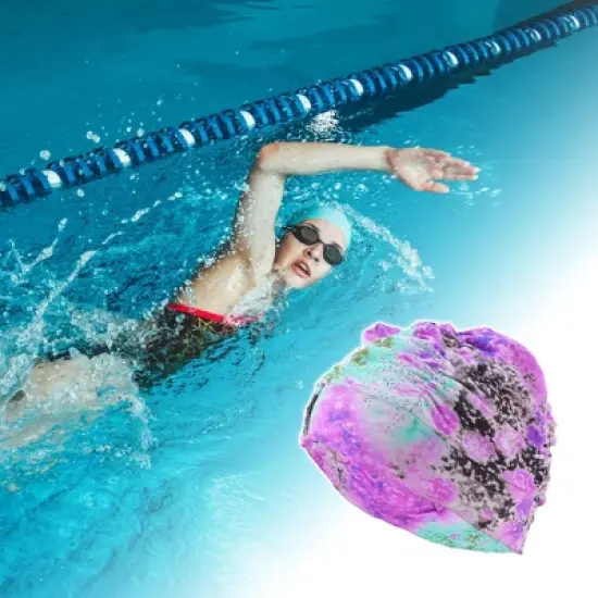 Unique Bargains Polyester Flower Pattern Swim Cap 5.91"x9.25" Purple 1 Pc image {1}
