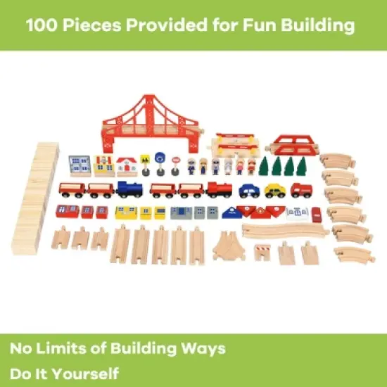 Costway Wooden Kids Train Track Railway Set Table w/100 Pieces Storage Drawer image {9}