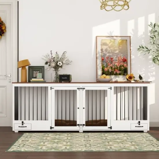 FUFU&GAGA 86.6" Dog Crate Furniture Wooden Dog Kennel with Room Divider and 2 Drawers image {12}