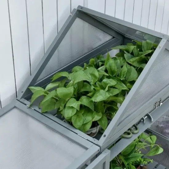 Outsunny 32" x 19" x 54" Garden Wood Cold Frame Greenhouse Flower Planter with Adjustable Shelves, Double Doors image {4}