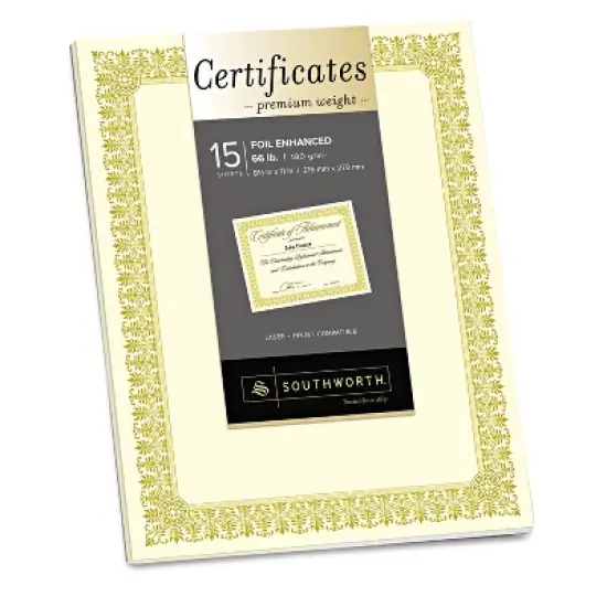 Southworth Premium Certificates Ivory Fleur Gold Foil Border 66 lb 8.5 x 11 15/Pack CTP1V image {3}