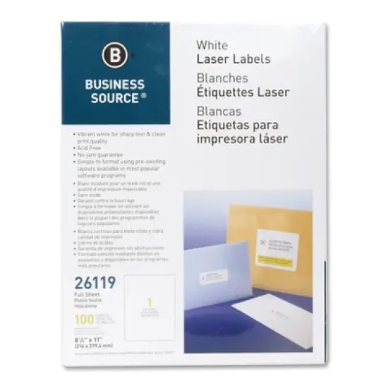 Business Source Mailing Labels Full Sheet Laser 8-1/2"x11" 100/PK White 26119 image {1}