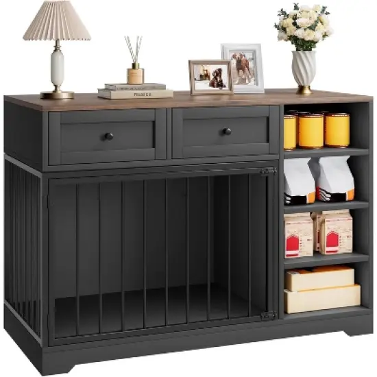 Dog Crate, Wooden Dog Kennel End Table with 2 Drawers and 4 Open Storage Shelves, Removable Bowls image {7}