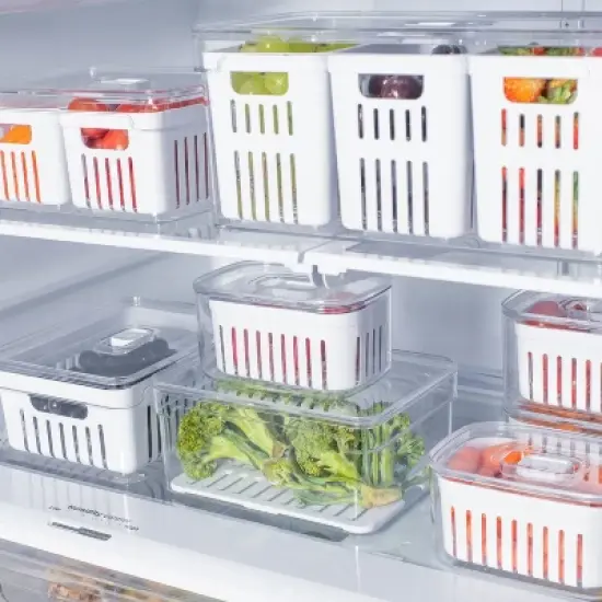 OU Fridge Organizer Bin with Drain Basket & Vented Lid, 5.3qt Clear Stackable Refrigerator Storage Bin, Produce Kitchen Storage Container, BPA Free image {3}