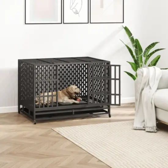 XBRIGH 48-Inch Heavy Duty Tin Dog Crate with Wheels, Sturdy Door Lock, Double Doors and Removable Tray Design image {8}