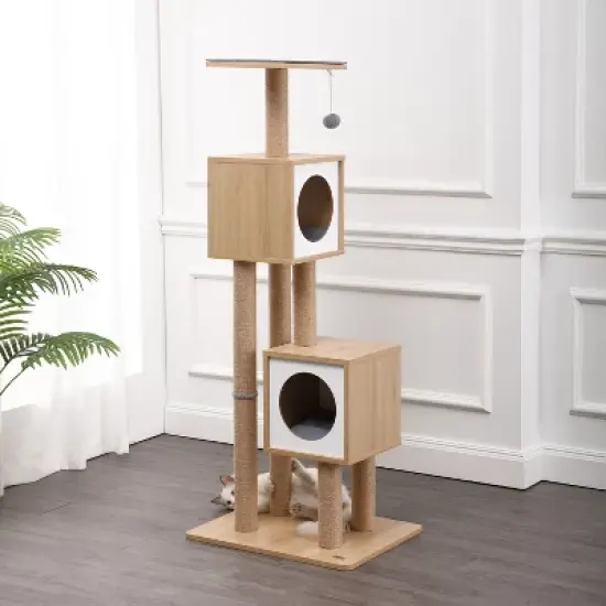 Sawyer 3-Tier Minimalist Jute Cat Tree Condo with Scratching posts, and Fuzzy Toy image {6}