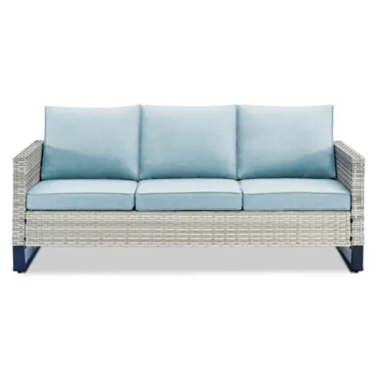 POCASSY 74.4" Outdoor Wicker Couch with Metal Armrest, 3-Seater Couch with Square Armrest Patio Furniture Sofa for Porch Balcony image {3}