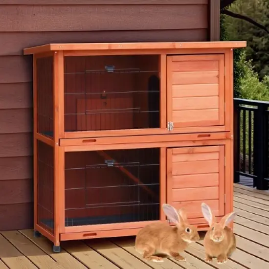 GDFStudio Longman Outdoor 41" Metal and Wood 2-Story Rabbit Hutch with Non-Slip Ramp and 2 Removable Trays image {7}