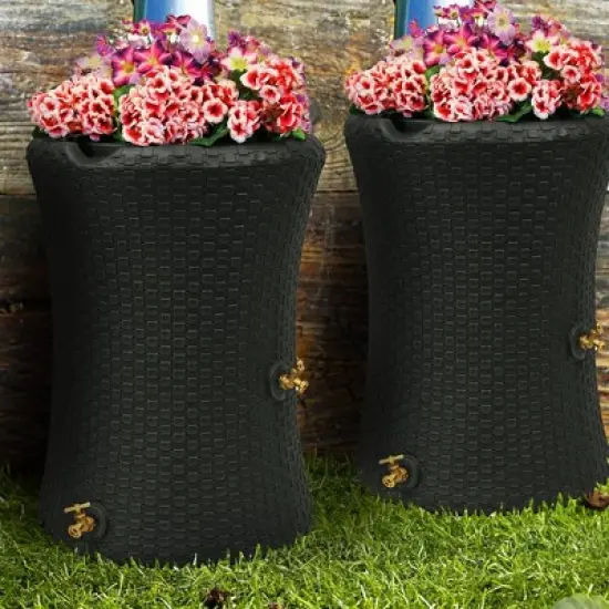 Good Ideas Impressions 50 Gallon Nantucket Outdoor Home Rain Barrel Water Storage Collector with Garden Planter and Brass Spigot, Black (2 Pack) image {4}