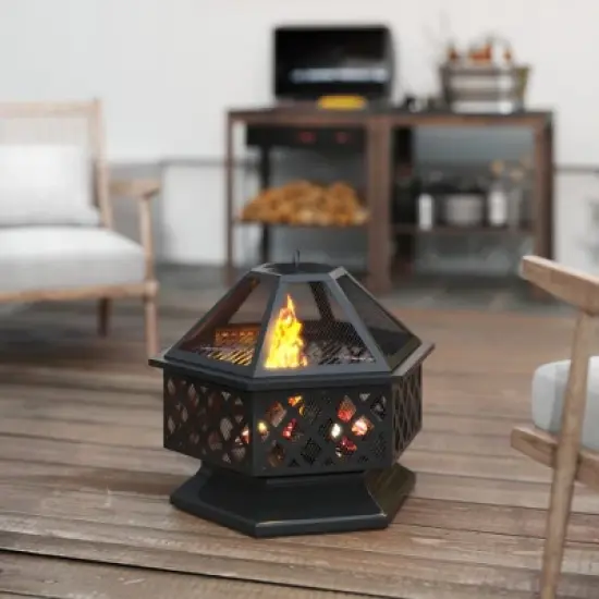 Outsunny 28" Outdoor Fire Pit with Grill, Wood Burning Firepit with Poker and Lid, Hexagon Fireplace for Patio Bonfire Backyard BBQ Camping Picnic image {5}