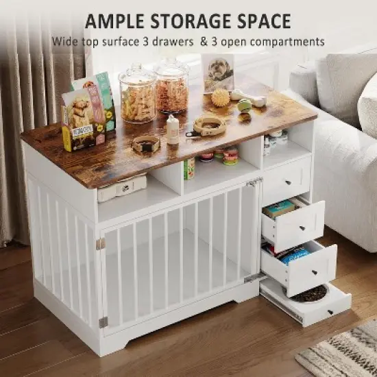 Acekool 48" Farmhouse Dog Crate - Kennel with Storage & Feeding Bowls ( image {4}