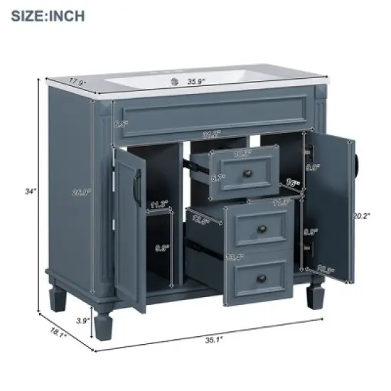 Whisen 36 in. Bathroom Storage Cabinet Bathroom Vanity with Top Sink and 2 Drawers image {11}