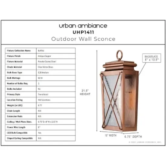 Urban Ambiance Luxury Vintage Outdoor Wall Sconce 21.5''H x 10''W,  Antique Copper Finish,  Buffalo Collection, UHP1411 image {2}