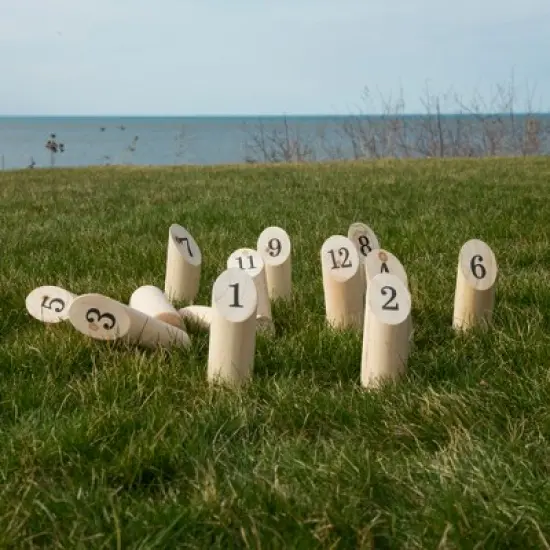 Toy Time Wooden Throwing Game for Adults and Kids - Complete Set With 12 Numbered Skittles, Throwing Dowel, and Carrying Crate image {4}