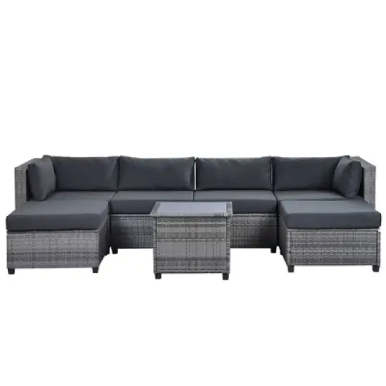 7pc Outdoor Set with Rattan Sofa & Cushions - Gray - GODEER image {4}