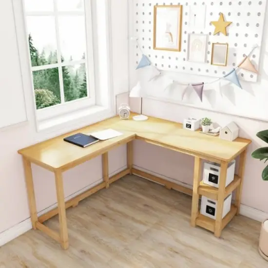 Max & Lily Solid Wood L-Shaped Desk, Corner Desk for Home Office, Gaming, Computer, Storage Shelves image {10}