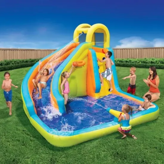 Banzai Splash 'N Blast Kids Outdoor Backyard Inflatable Water Slide Splash Swim Pool Park with Climbing Wall, Basketball Hoop, and Water Cannon image {1}