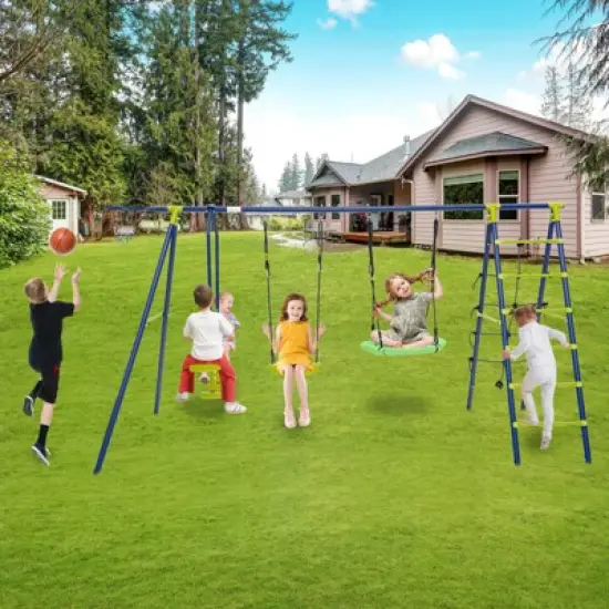 Costway Swing Set for Backyard with 2 Height Adjustable Swings Glider Basketball Hoop image {8}