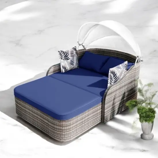 Mshliw 79.9" Outdoor Sun Lounger with Adjustable Canopy, Curved Armrests, and Pillows &ndash; PE Rattan Daybed for Patio, Deck, or Garden image {17}