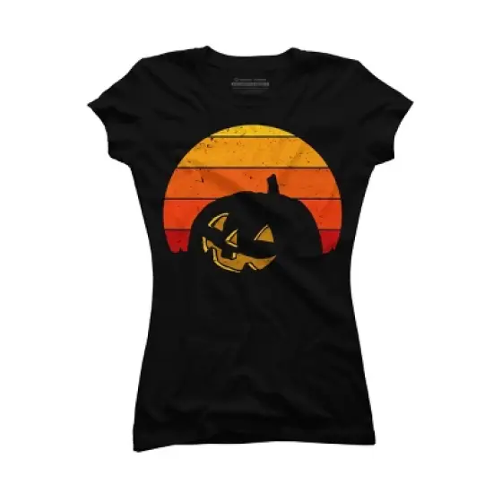 Junior's Design By Humans Vintage Retro Sunset Halloween Pumpkin I By lemonpepper T-Shirt image {3}