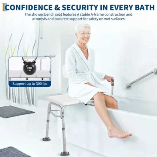 Tub Transfer Bench and Shower Chair with Non Slip Aluminum Body, Shower Chair with Backrest & Padded Armrest, Adjustable Seat Heigh image {3}