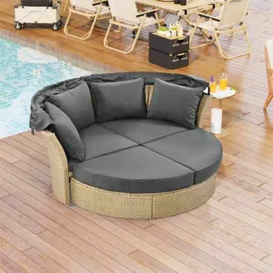 Oris 4-piece Rattan Outdoor Patio Daybed, Round Sofa with Retractable Canopy and 4 Pillows, Tanning Near Me - Maison Boucle image {11}