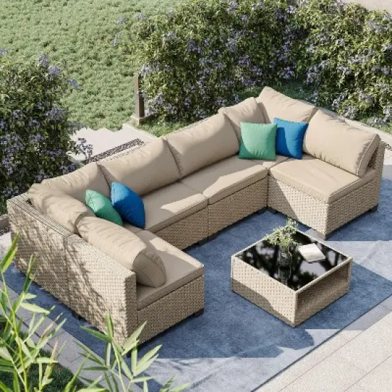 FIONECA 7-Piece PE Wicker Outdoor Sectional Sofa Set with Beige Cushions and Storage Table image {5}