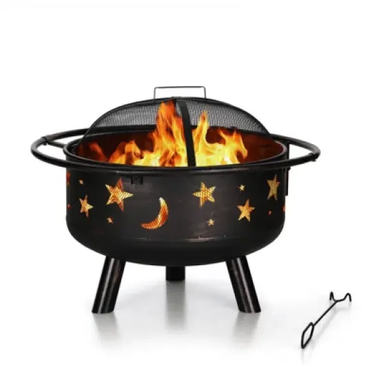Captiva Designs 30" Star & Moon Bonfire Wood Burning Round Fire Pit E02GS051 Black: Outdoor Heating, Mesh Screen, Fire Poker image {2}