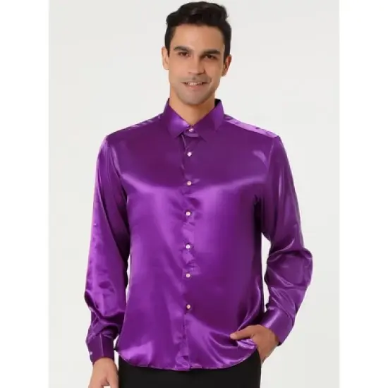 Lars Amadeus Men's Dress Satin V Neck Long Sleeves Button Down Slim Fit Prom Party Shirts image {2}