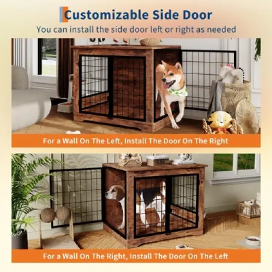 32" Dog Crate Furniture with Rotating Feeder, Wooden Crate End Table with 2 Doors, Heavy Duty Indoor Kennel Cage for Small to Medium Dogs image {2}