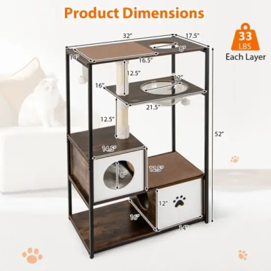 Costway 52" Tall Wooden Cat Tree with Metal Frame 2 Condos Sisal Scratching Posts image {2}