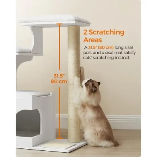 WoodyWonders 33.8-Inch Modern Cat Tower with 3 Perches, Scratching Post & Cave, Includes 4 Washable Cushions image {4}