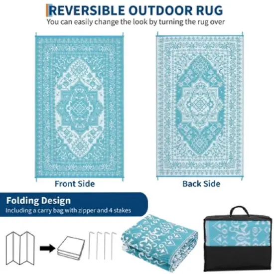 Outdoor Plastic Straw Rug 8x10 Outdoor Rug Waterproof Reversible Large Vintage Medallion Patio Rugs Portable image {2}